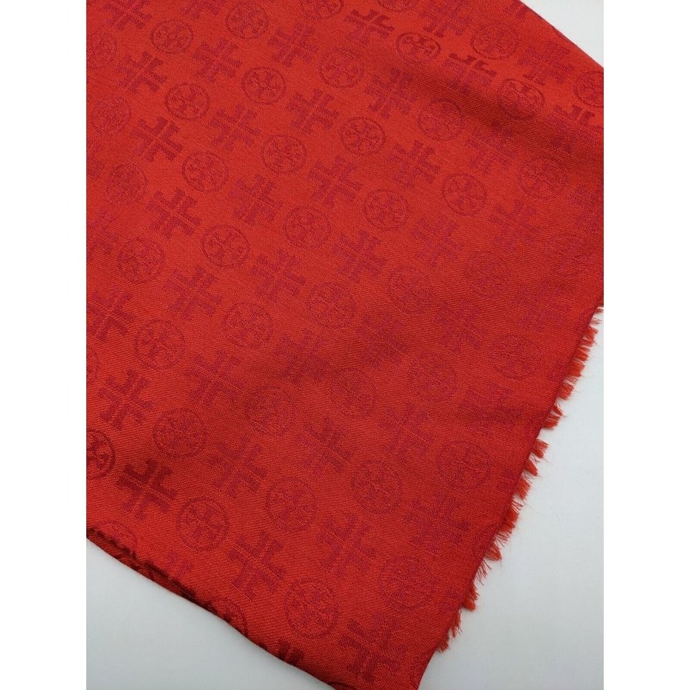 TORY BURCH logo jacquard wool and silk women's traveler scarf - BRIGHT RED - Picture 4 of 8